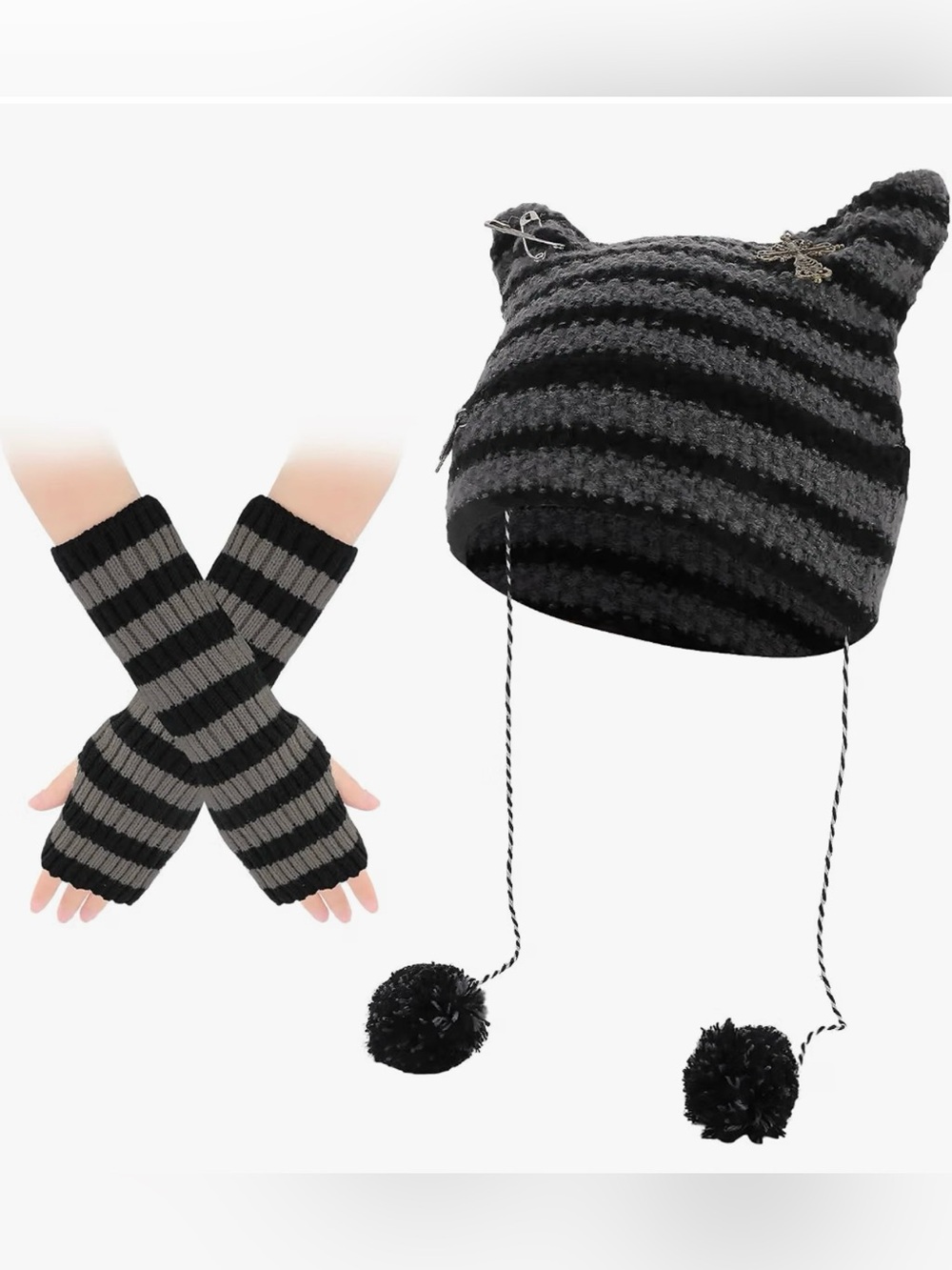 Y2k Beanie Cat Knitted Hats for Women Girls Cute Striped Arm Warmers